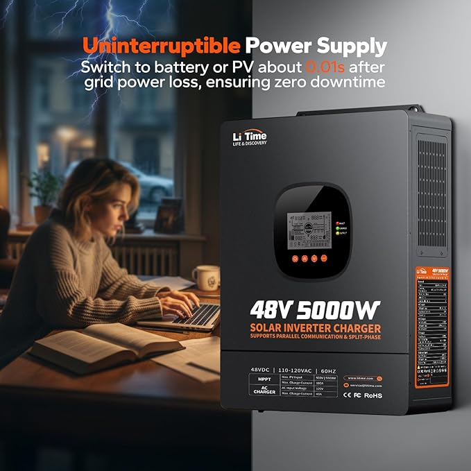 LiTime 5000W Solar Inverter Charger 48V DC to 120V AC Pure Sine Wave Inverter Parallel Split-Phase for 240V Built in 100A MPPT Solar Charger Controller for Home Backup Off-Grid Farm