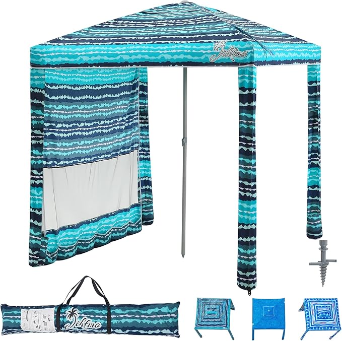 Jihfmo Beach Cabana 6.2'×6.2' Beach Canopy with Side Wall UPF 50+ UV Protection Easy Setup Tent Sun Shelter with Sand Pockets for Whole Family (Green Stripes)