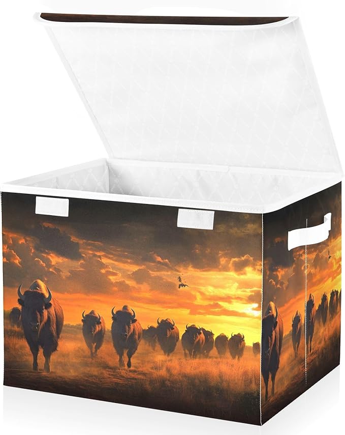AIXIWAWA Lidded Storage Cube (Herd Of Bison) Fabric Foldable Closet Bins with Flip Lid and Handles Organizer Basket Container 16.5 x 12.6 x 11.8 IN