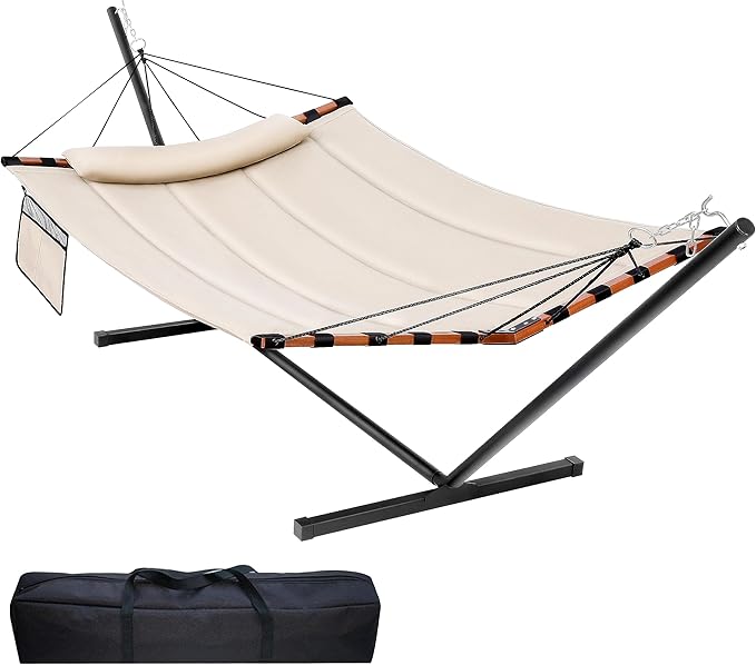 TegerDeger 12FT 2 Person Hammock with Stand Included 55 x 79IN Large Hammock 450LB Capacity with Hardwood Spreader Bar &amp Nylon Rope for Outside Patio Garden Backyard Beach Poolside - Beige