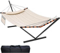 TegerDeger 12FT 2 Person Hammock with Stand Included 55 x 79IN Large Hammock 450LB Capacity with Hardwood Spreader Bar &amp Nylon Rope for Outside Patio Garden Backyard Beach Poolside - Beige