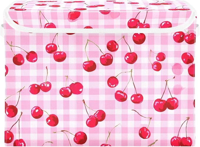 Storage Bins with Lids Storage Containers Box Organizer Bin Basket with Handles for Closet Shelves Clothes Stackable Foldable Decorative Pink Juicy Checkered Cherry