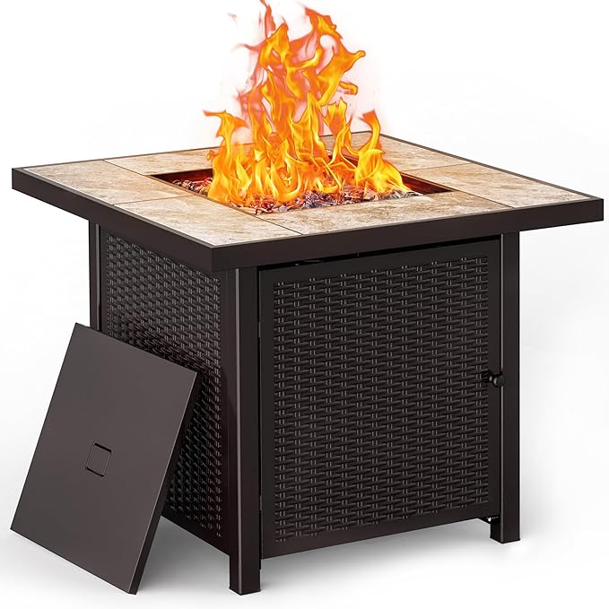 BALI OUTDOORS Propane Gas Fire Pit Table 32 inch 50000 BTU Square Gas Firepits for Outside Brown