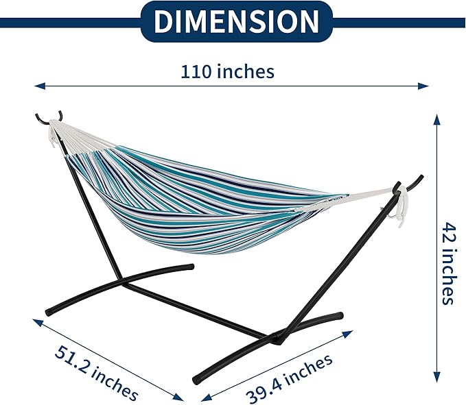 GAOMON Double Hammock with Steel Stand for Outside Portable Space Saving for Indoor Outdoor Patio w/Carrying Bag 450 lbs Capacity - Ocean Stripes