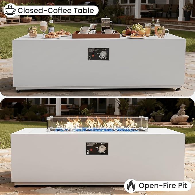 42 Propane Fire Pit Table Set with Tank Holder Rectangle 2-Piece Outdoor Firepit Wind Guard Lid Glass Stones and Cover