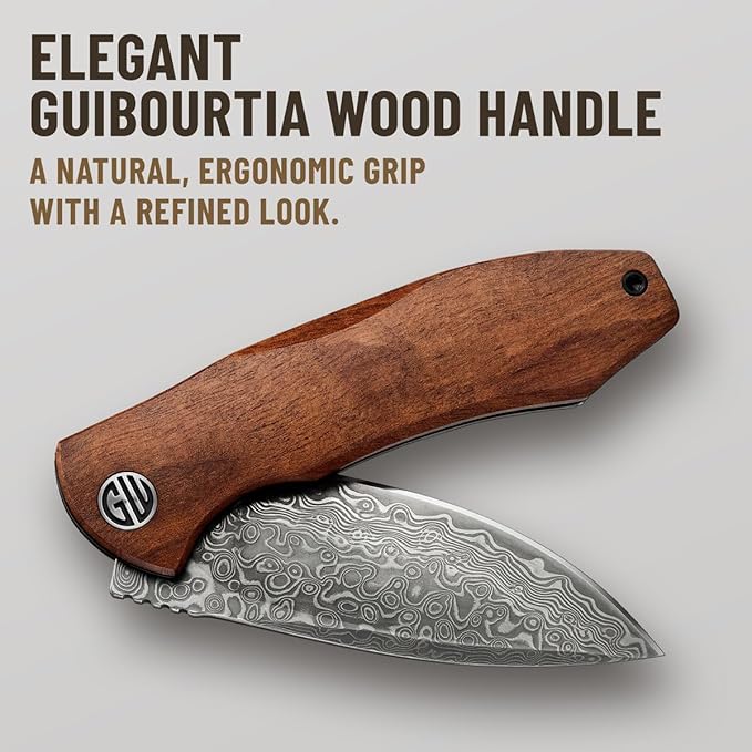 GOOD WORKER Folding Pocket Knife – Damascus Blade Guibourtia Wood Handle – Elegant Gift-Ready EDC Knife with Deep Carry Clip Legal in All States - Gifts for Men - 6700 D