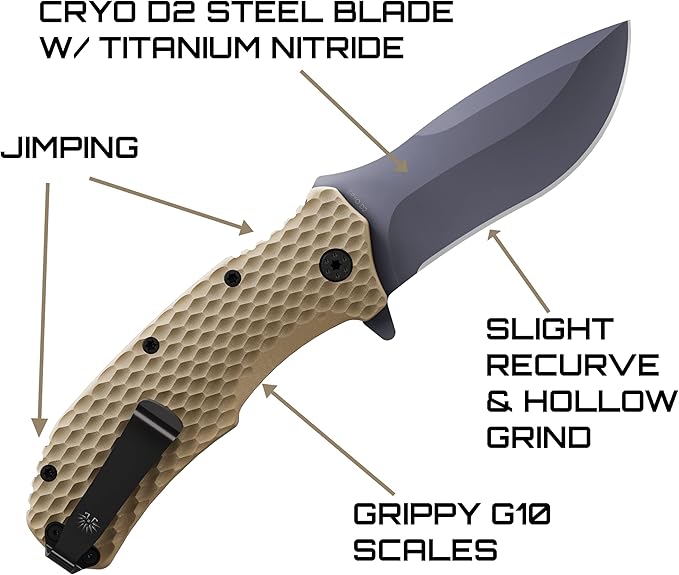 Off-Grid Knives - Rapid Fire Coyote Large Assisted EDC Hard Use Construction Camping and Survival Cryogenic D2 Blade Steel Titanium Nitride Coating with G10 Scales Deep Pocket Carry