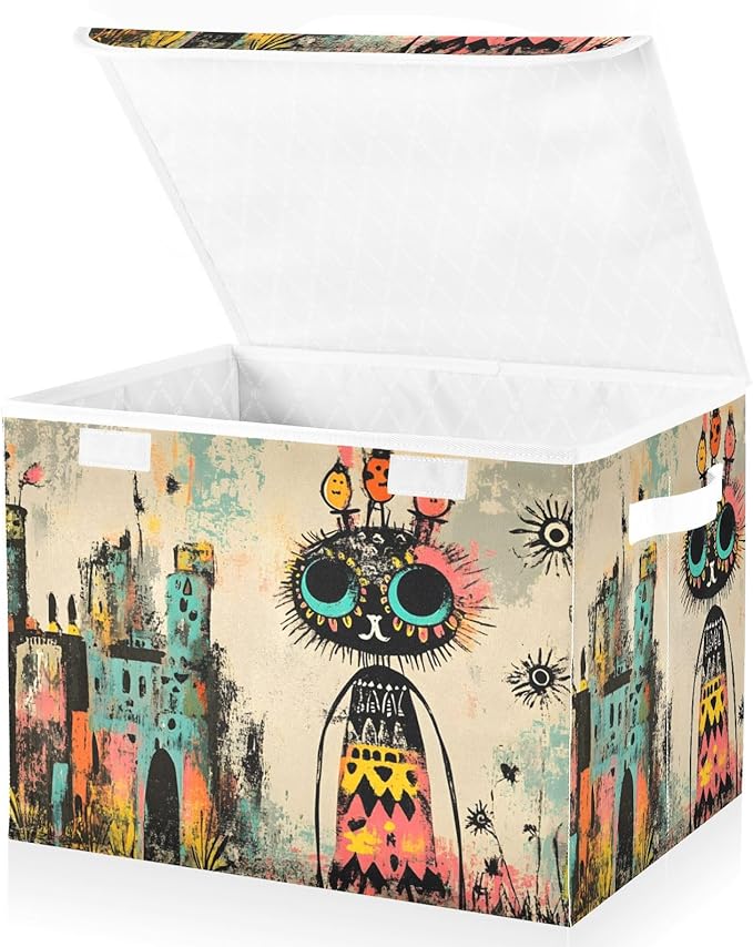 Storage Cube with Lid Abstract Cartoon Castle Print 16.5×12.6×11.8 IN Collapsible Large Capacity Foldable Storage Basket Bin Organizer