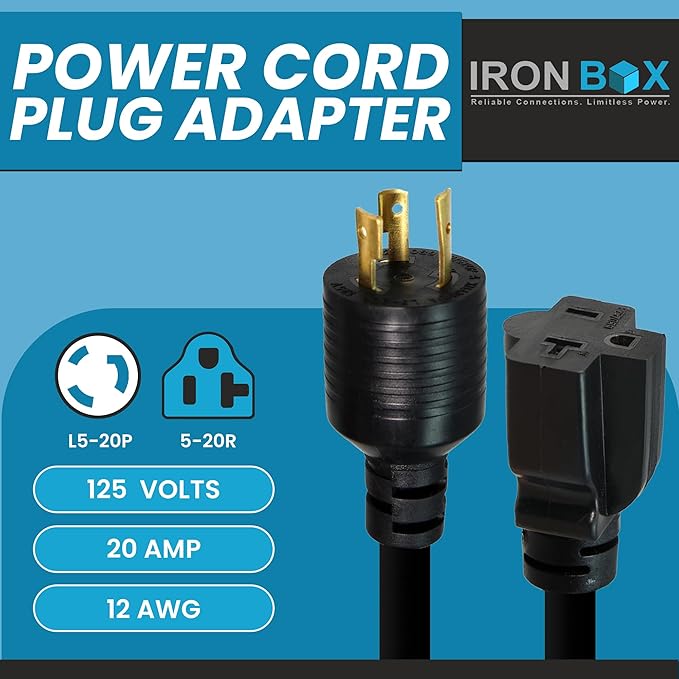 IronBox Electric NEMA L5-20P to 5-20R Power Cord Plug Adapter - 20A 125V 12 AWG - UL Listed Heavy Duty Adapter Cable for Generator Data Centers Computers Outdoor Events &amp More (Molded 1 ft)
