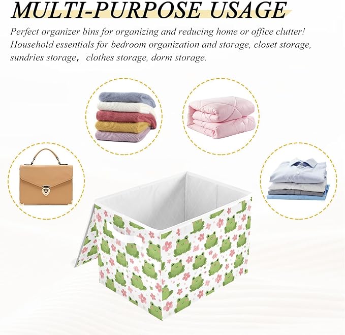 MNSRUU Containers Baskets with Lids Frog Pink Flowers Fabric Foldable Storage Bins Organizer with Lid Collapsible Storage Boxes for Home Bedroom Closet Office