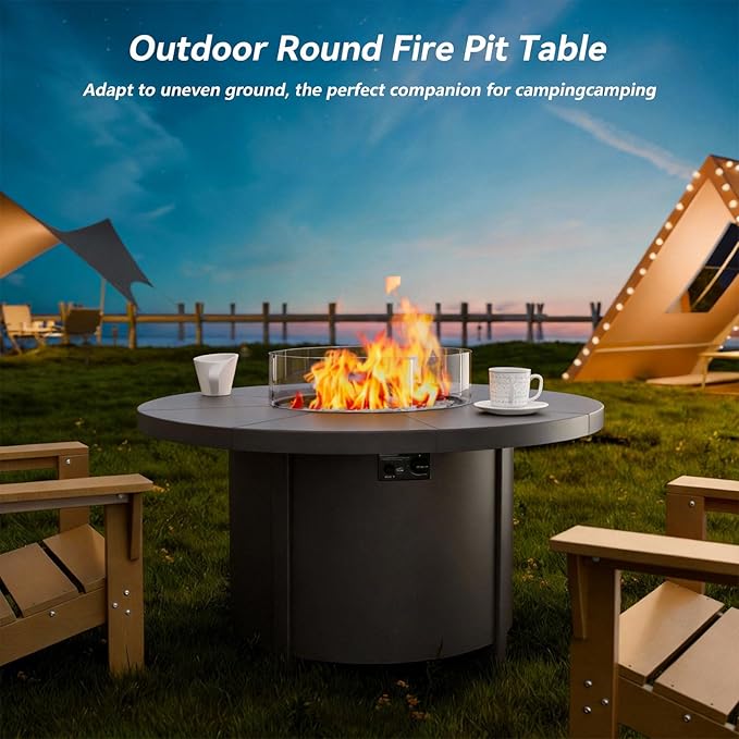 48 Round Propane Fire PitSteel Tabletop Fire Pit w Lava Rocks55000 BTU Auto-Ignition CSA Certified Gas Fire Pits with Lid &amp Windproof Glass for OutdoorPatioBackyard