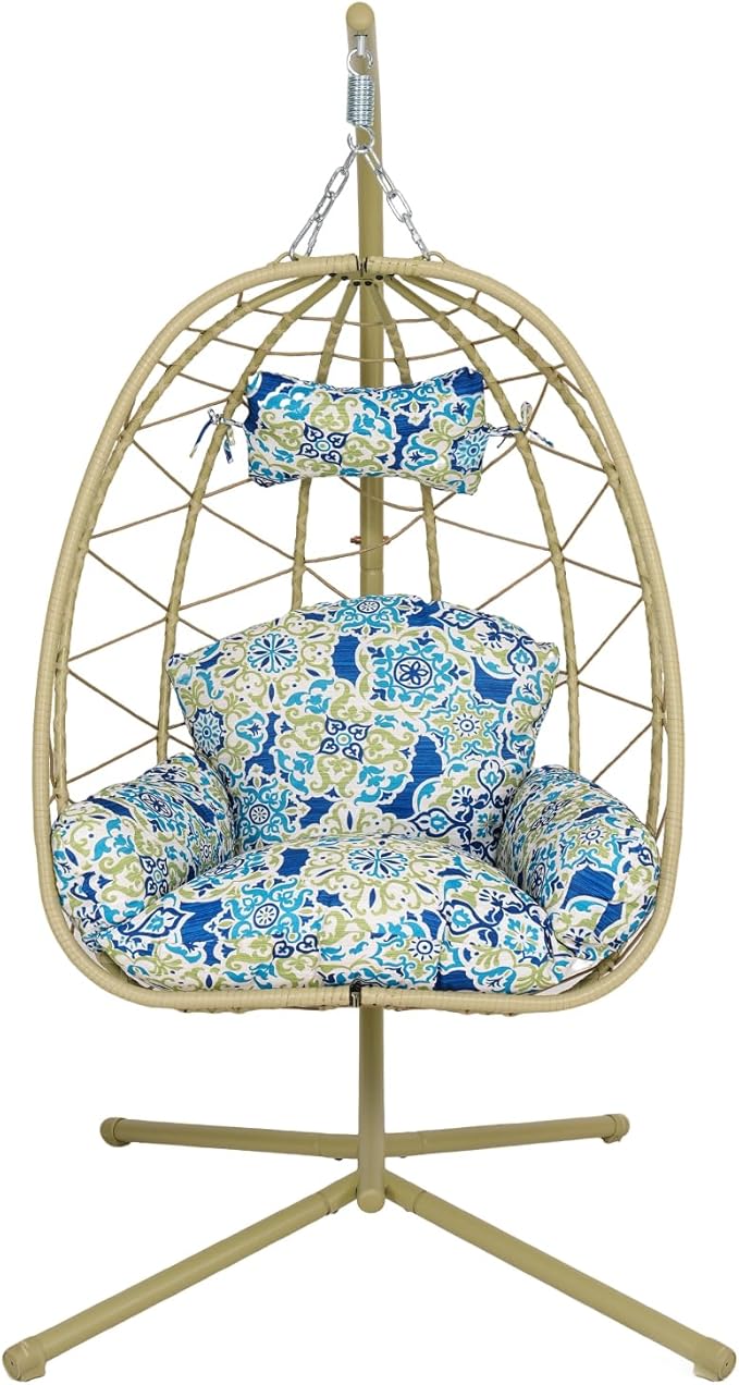 Hanging Egg Chair with Stand Outdoor Indoor Patio Rattan Swing Hammock Chairs with Washable Cushion PE Wicker Swing Chair for Backyard Bedroom Garden (Cyan + Floral Cushion No Footrest)