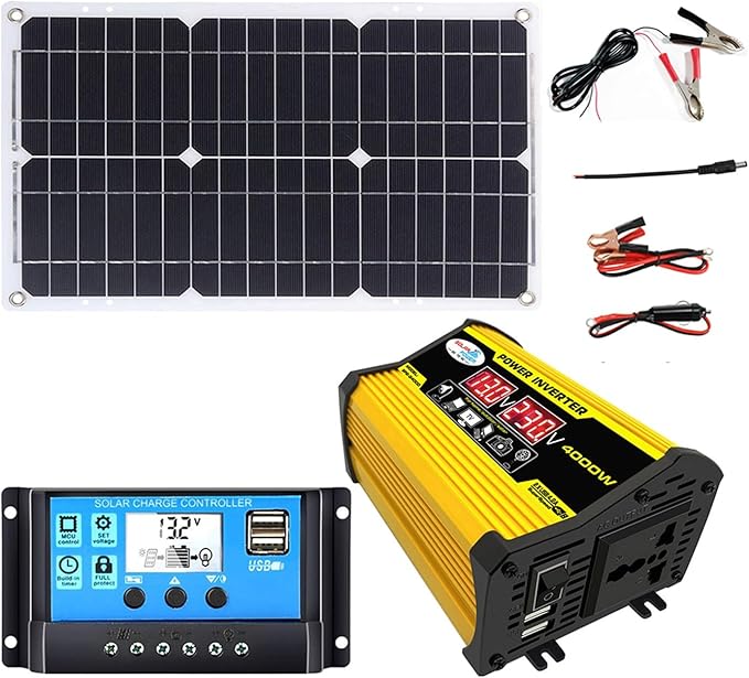4000W 12V to 110V/220V Solar System Combination Inverter Solar Panel Kit Solar Generator Home Grid System 30A Controller + 18w12v Solar Panel (Color : Yellow Size : 12V-220V)