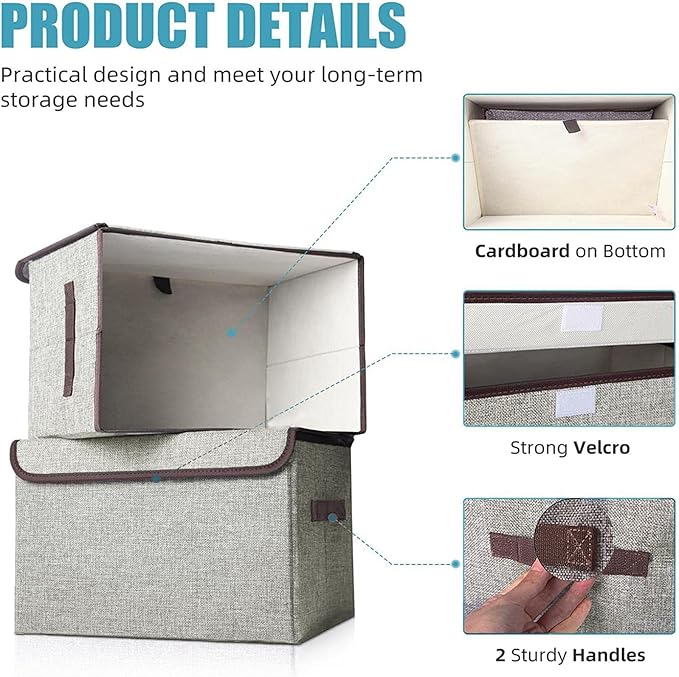 Bagnizer Linen Fabric Foldable Storage Cube Bin Organizer Basket with Flip-Top Lid &amp Handles Large Clothes Blanket Box for Home Office Closet Light Gray 4 Pack 14.6 x 9.5 x 9.5”