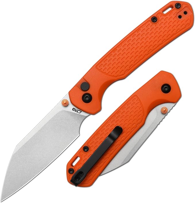 CJRB Pyrite-Light Manual Folding Knife with 3.34'' Upgraded AR-SFII Steel Blade Pocket Knives with Button Lock for Camping Hiking J1945 Orange