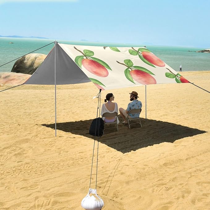 xigua Peach Beach Tent Sun Shelter with Carrying Bag - Silver Coated Oxford Fabric Beach Canopy for Beach Camping Fishing - Includes Windproof Ropes Sandbags &amp Stakes