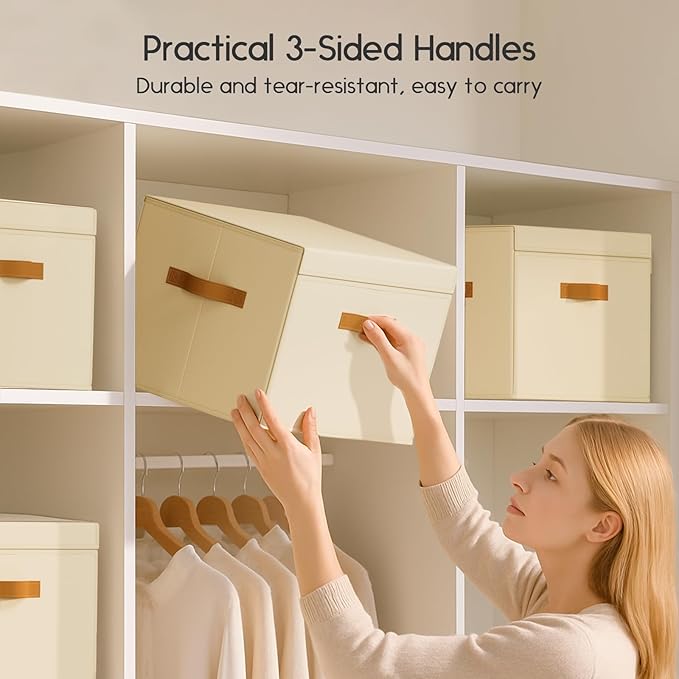 Homsorout Clothes Storage Bins with Window &amp Flap Closet Organizer with Handles Decorative Basket for Home Dorm Beige