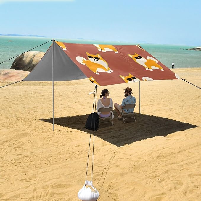 ALAZA Corgi Sungalsses Pattern Beach Tent Sun Shelter Portable Canopy Sunshade for Outdoor Camping Picnics Backyard Fun 10x9 ft