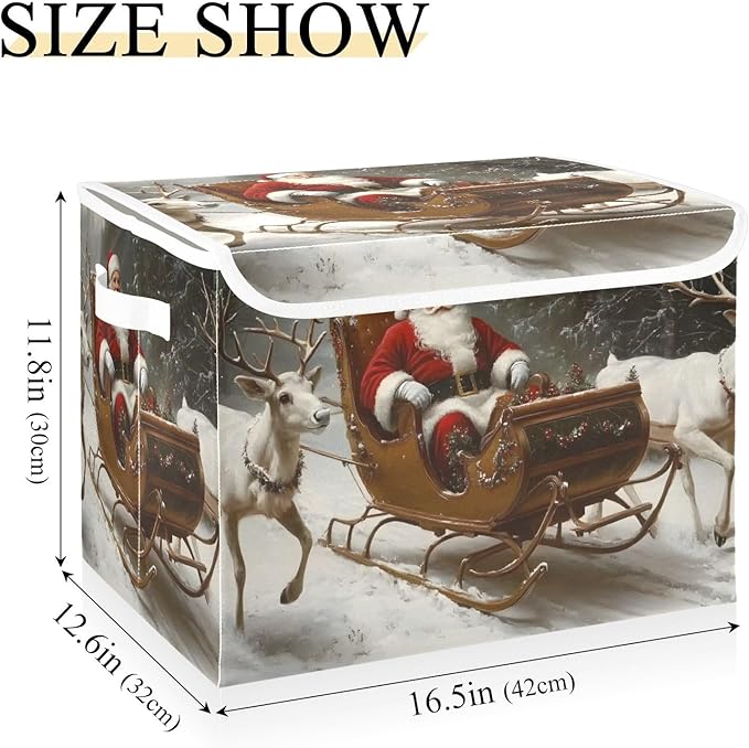Collapsible Storage Bins Christmas Deers Santa Claus with Lids &amp Handles Foldable Storage Boxes Basket with Flip-Top Lid for Home Office 16.5” x 12.6” x 11.8”