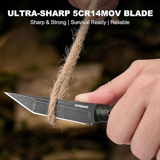 7.3 EDC Fixed Blade Knife with Sheath Full Tang 5Cr14MoV Camping Knife Green G10 Handle Finger Ring Design Horizontal/Vertical Carry Outdoor Survival Gift for Men