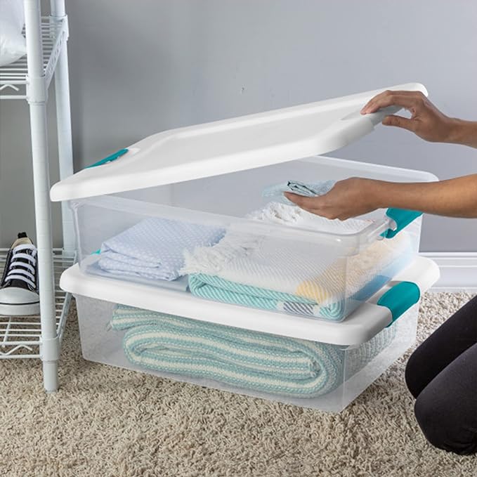 Sterilite Storage System Solution with 32 Quart Clear Stackable Storage Box Organization Containers with White Latching Lid 7 Pack