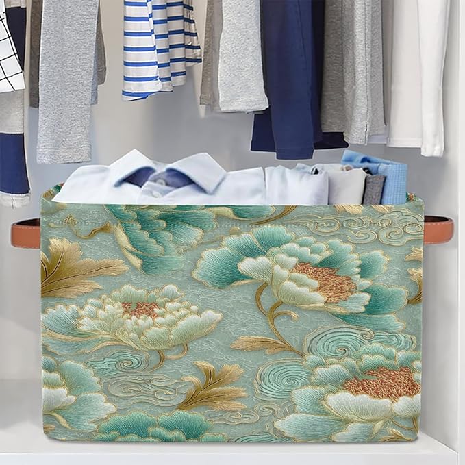 Pardick Teal Flower Floral Basket Storage Bins Large Fabric Toys Storage Cube Box with Handles Collapsible Closet Shelf Cloth Organizer Basket for Nursery Bedroom Bathroom Holiday Gift