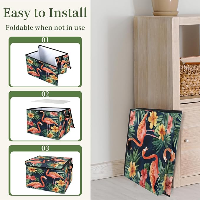 Tropical Flamingo Storage Basket with Lid Green Palm Leaves Foldable Storage Box Fabric Storage Bins with Carrying Handles for Home Bedroom Closet Organization