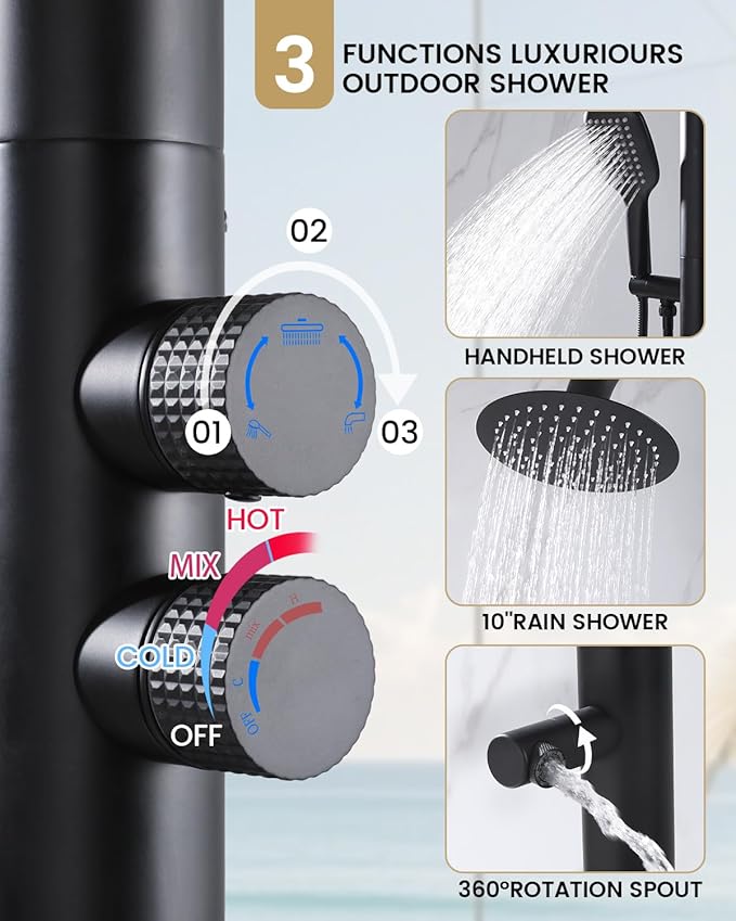 316 Marine Grade Stainless Steel Free Standing Outdoor Shower with Foot Wash 3-Function Matte Black Shower Kit with 10''Rain Shower HeadOutdoor Shower Fixture for Yard Beach Poolside Garden