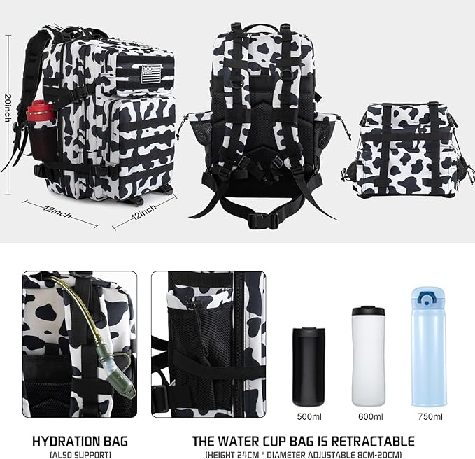 45L Military Tactical Backpack 3 Day Molle Assault Pack Large Army Bug Out Bag Rucksack Daypack for Men Outdoor Hiking Army Camping Hunting Cow Print
