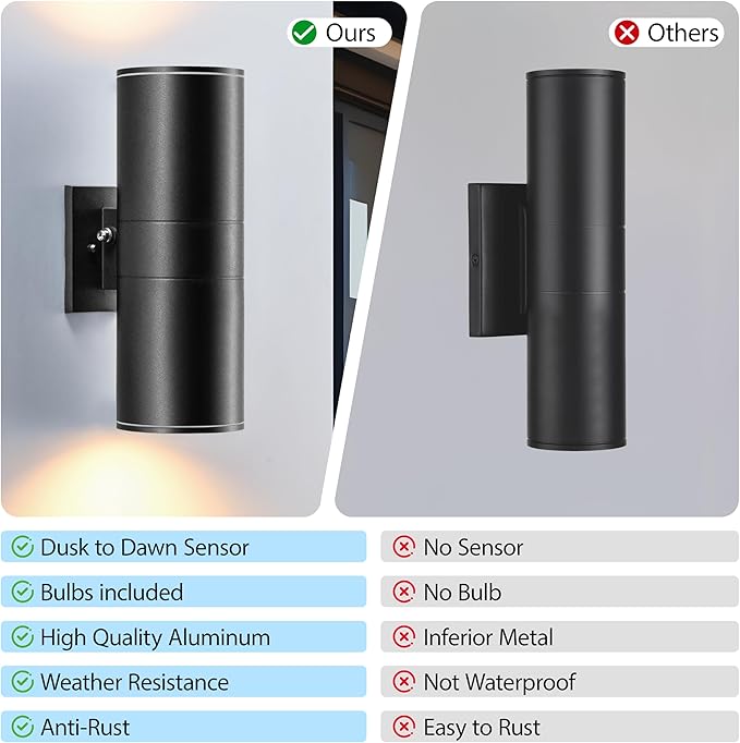 VINYAO Modern Cylinder Wall Lights 11.8 Up and Down Lights Matte BlackDusk to DawnOutdoor Wall LightWaterproofPorch Light Outdoor Light for PatioGarageDoorway