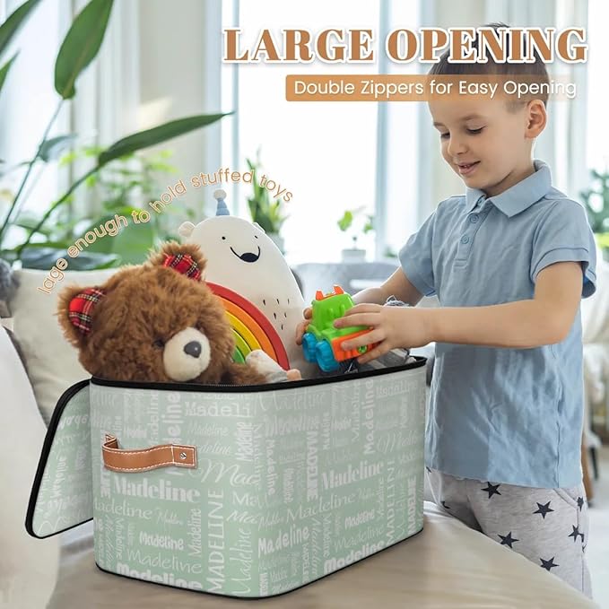 Custom Storage Basket with Name Personalized Keepsake Box with Zipper Lid Foldable Fabric Memory Bin Large capacity with Handle Green