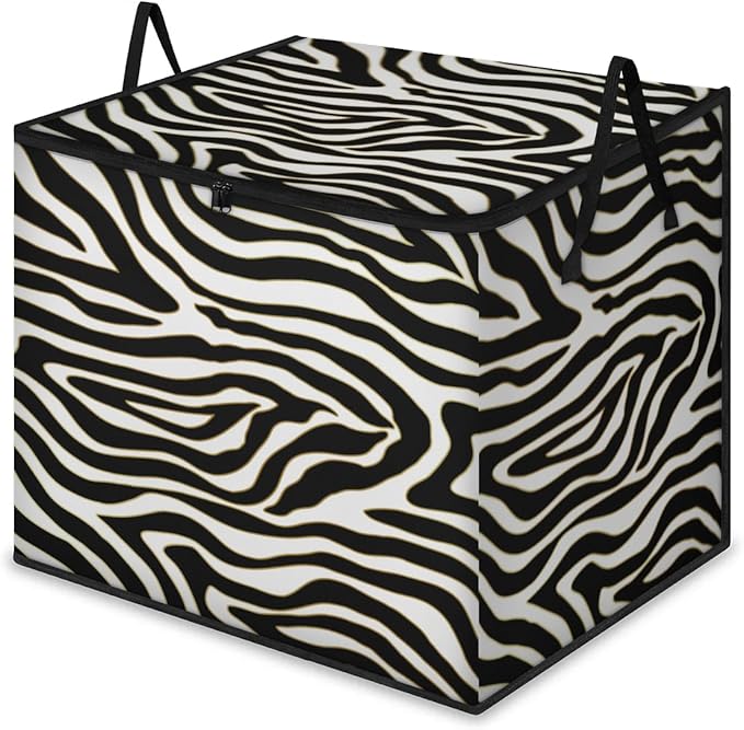 Large Zebra Storage Bags with Lid XL Blanket Clothes Storage Bins Foldable Organizers Storage Containers with Handle for Comforters Bed Sheets Pillows Zebra Print