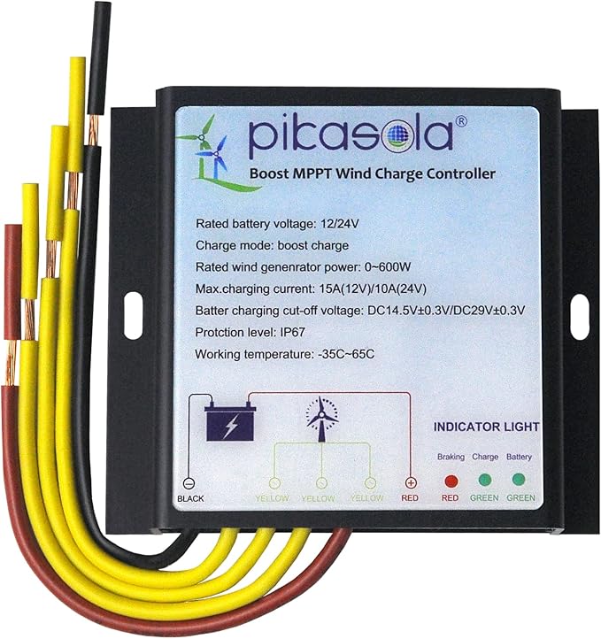 Pikasola MPPT Wind Turbine Charge Controller 12V/24V Auto Match IP67 Waterproof Suitable for 400W/600W Wind Turbine