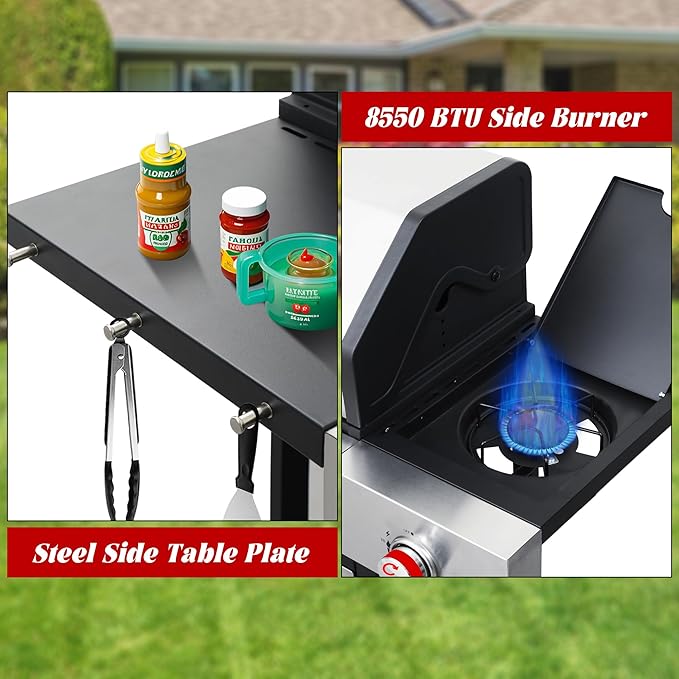 4-Burner Propane Gas Grill with Side Burner 46000 BTU Outdoor BBQ Grill with Porcelain-Enameled Cast Iron Grates and Griddle Pan Built-in Thermometer Stainless Steel Grill for Outdoor Cooking