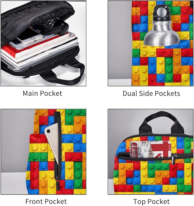 Unisex Colorful building blocks bricks Backpack Durable Laptop Backpack with Adjustable Shoulder Straps Multipurpose Backpacks for Travel Hiking Camping
