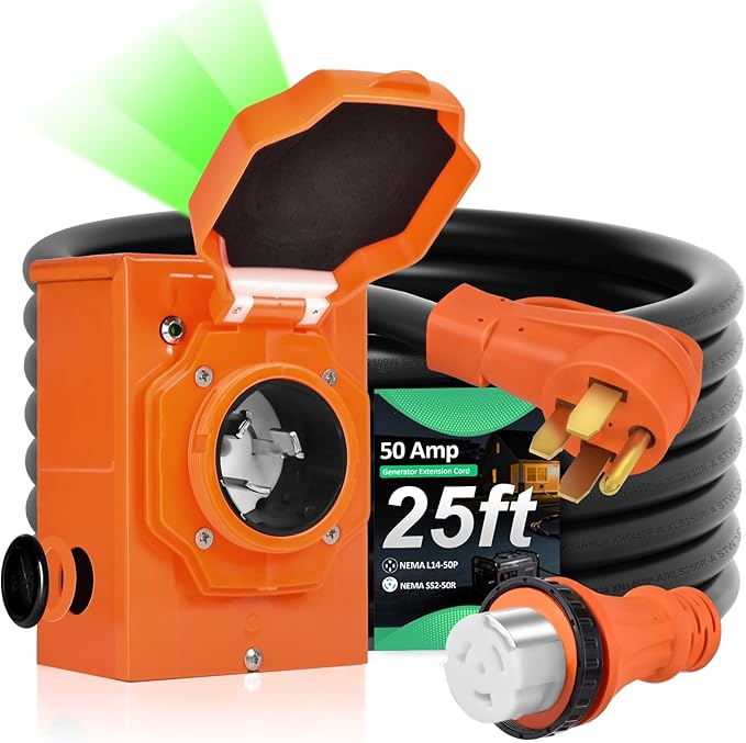 H HZXVOGEN 50 Amp Generator Cord and Power Inlet Box Kit 25FT RV Extension Cord NEMA 14-50P/SS2-50R STW 6/3+8/1 AWG Power Cord with Pre-Drilled Generator Inlet Box Twist Lock Connector UL&ampETL Li