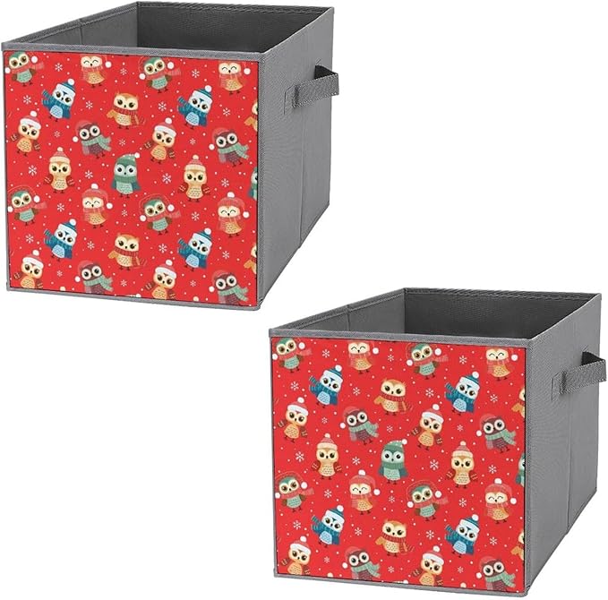 Collapsible Storage Bins with Handles Christmas Owl Red Large Capacity Foldable Cube Box for Blankets Comforters Pillows Perfect for Linen Closet Storage