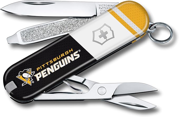 Victorinox Classic SD Swiss Army Knife – Compact 7 Function Swiss Made Pocket Knife with Small Blade Screwdriver and Key Ring – Pittsburgh Penguins