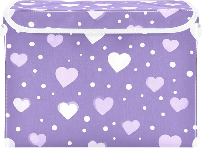 Purple Valentine Hearts Dots Storage Box with Lid 1 PC Foldable Storage Bin with Lids Stackable Storage Bins Cube Closet Organizer Basket with Flip-Top Lid &amp Handles for Shoes Books Towels