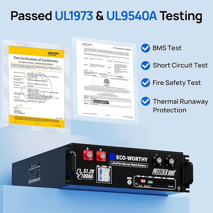 ECO-WORTHY 48V 100Ah LiFePO4 Lithium Battery w/Bluetooth | UL1973 &amp UL9540A &amp CEC Listed | 5120Wh Server Rack Battery for Solar Energy Storage Home Backup Power