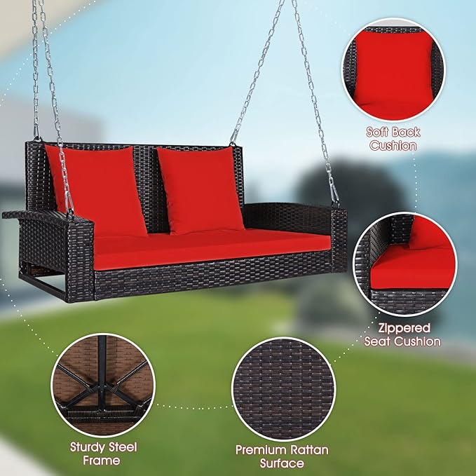 Tangkula 2-Person Wicker Porch Swing Patiojoy Outdoor Rattan Hanging Swing Bench W/ 2 Back Cushions &amp 1 Seat Cushion Sturdy Steel Chain 800lbs Weight Capacity