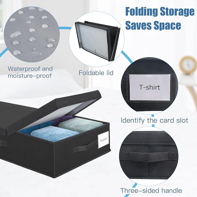 Supowin Underbed Storage Containers Bin with Lids (Set of 2) Large Under Bed Storage Organizer Box with Handle Foldable Under the Storage Bags for Organizing Clothes Shoes Blankets Pillows-Black