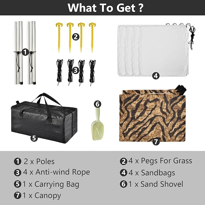 ALAZA Brown Tiger Print Beach Tent Sun Shelter UPF50+ Protection Beach Shade Canopy w/ 4 Sandbags for Outdoor Camping Fishing Backyard Fun Picnic 10x9 ft