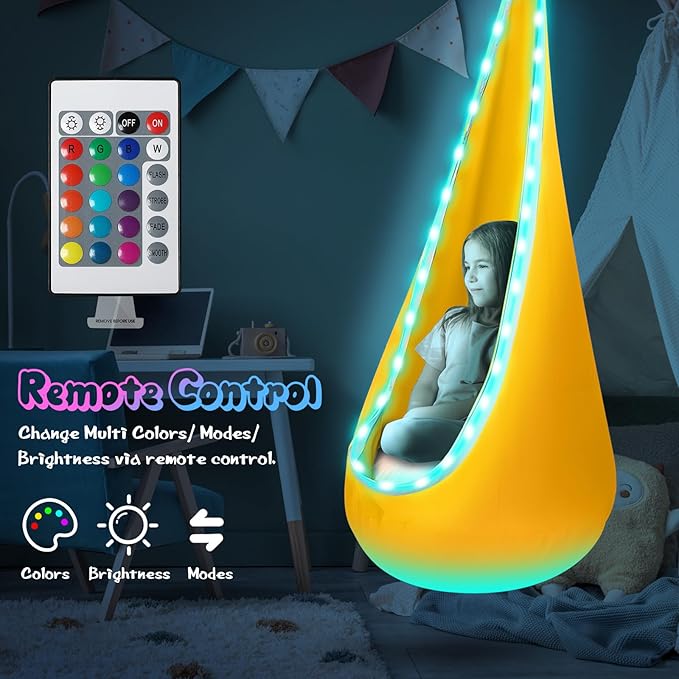 Light Up Kids Pod Swing Seat Kids Hanging Hammock Swing with LED Lights Sensory Pod Swing Chair with Inflatable Pillow &amp All Accessories Pod Swing for Kids Indoor &amp Outdoor (Yellow)