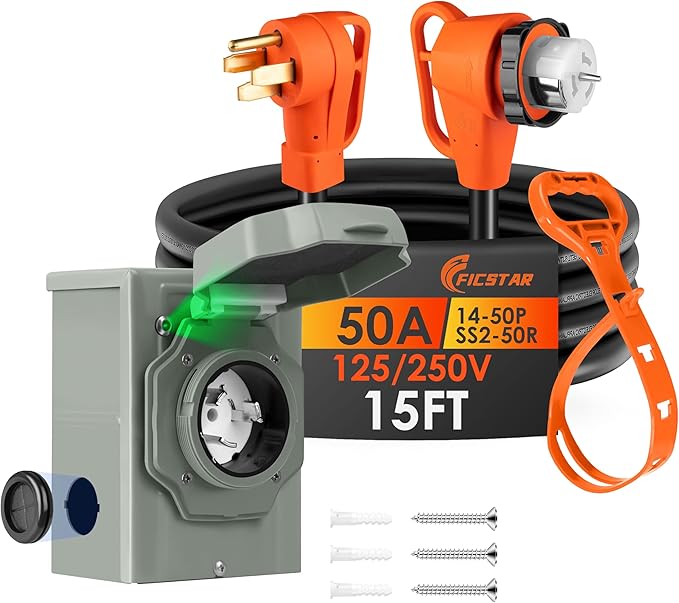 15FT 50 Amp Generator Cord and Power Inlet Box KitNEMA 14-50P to SS2-50R Generator CordPre-Drilled 50 Amp Generator Inlet Box with 6/3+8/1 AWG STW Wire125/250V 12500WUL&ampETL Listed