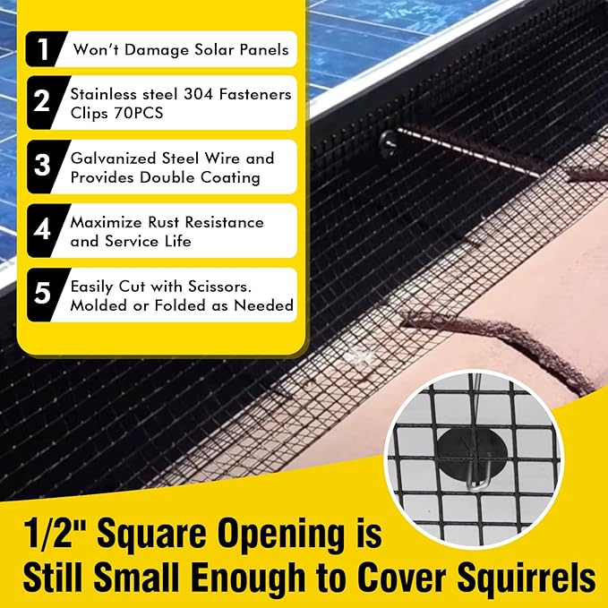 6in X 100ft Solar Panel Bird GuardSolar Panel roof Protection net 1/2inch Mesh PVC Black Vinyl Coated Galvanized net 70 Fastener ClipsUsed for BirdAnimal Control