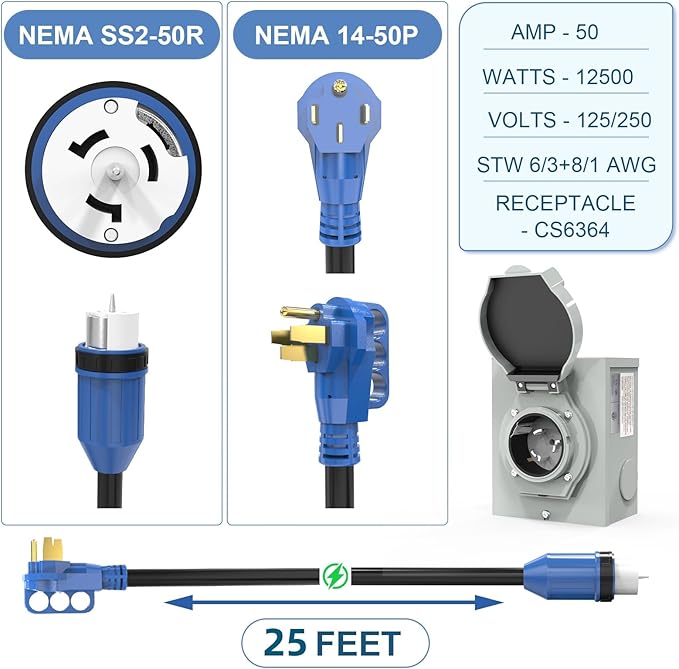 50 Amp Generator Cord and Power Inlet Box 25FT 4 Prone RV Extension Cord 125/250V NEMA 14-50P Male to SS2-50R Twist Locking Connector STW 6/3+8/1 AWG Transfer Switch for Home Generator
