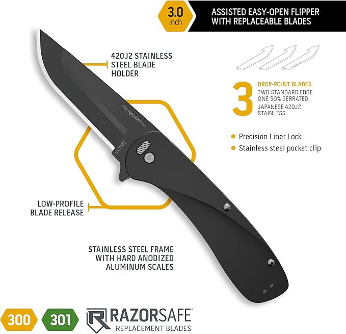 OUTDOOR EDGE RAZOR VX1 Black with 3 Black Drop Point Blades 1 Serrated Blade &amp 6 Sheepsfoot - Replaceable Blade EDC Folding Pocket Knife - 3 Stainless Blade Black Anodized Aluminum Handle