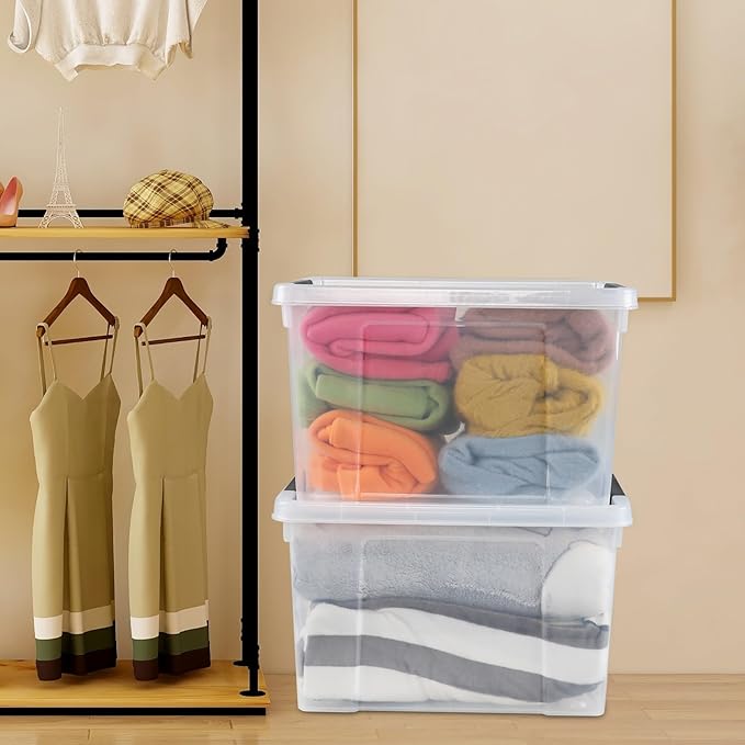 34 L Clear Plastic Storage Bins Box with Lid Stackable Lidded Storage Bin Container with Wheels and Secure Latching Buckles 4 Packs