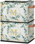 Personalized Eucalyptus Initials Storage Bins with Zipper Lid Custom Fabric Storage Boxes Foldable Closet Organizers Cubes for Clothes Shelves Home Decorative 2PCS Flower Leaves